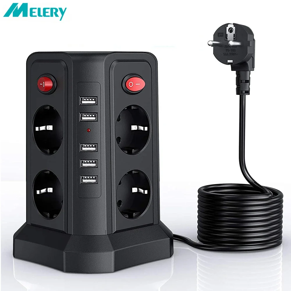 Melery 수직 멀티탭 회로 서지 보호, EU 플러그 전기 USB 소켓 타워 DE 스위치 콘센트, 1.8m 익스텐션 코드