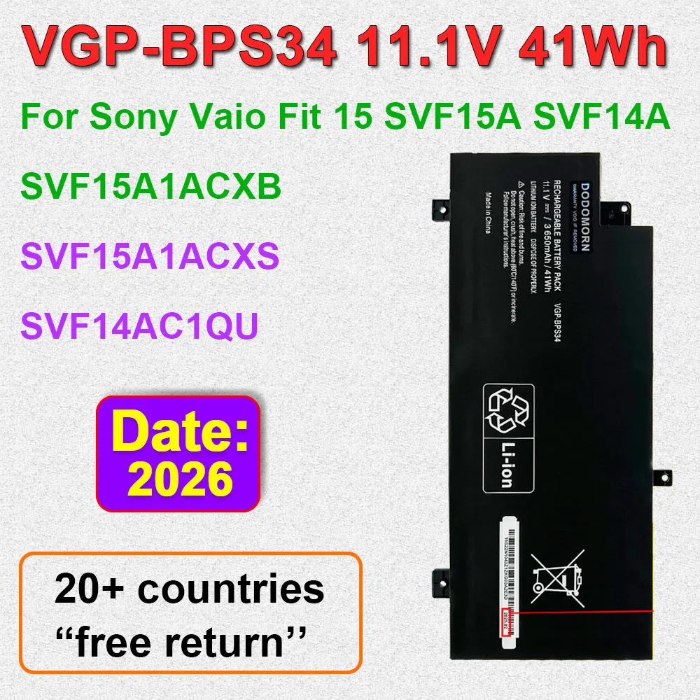 VGP-BPS34 Compatible Laptop Battery 11.4V 41Wh For SONY Vaio Fit 15 SVF15A SVF14A SVF15A1ACXB SVF15A1AC SVF14AC1QU Series