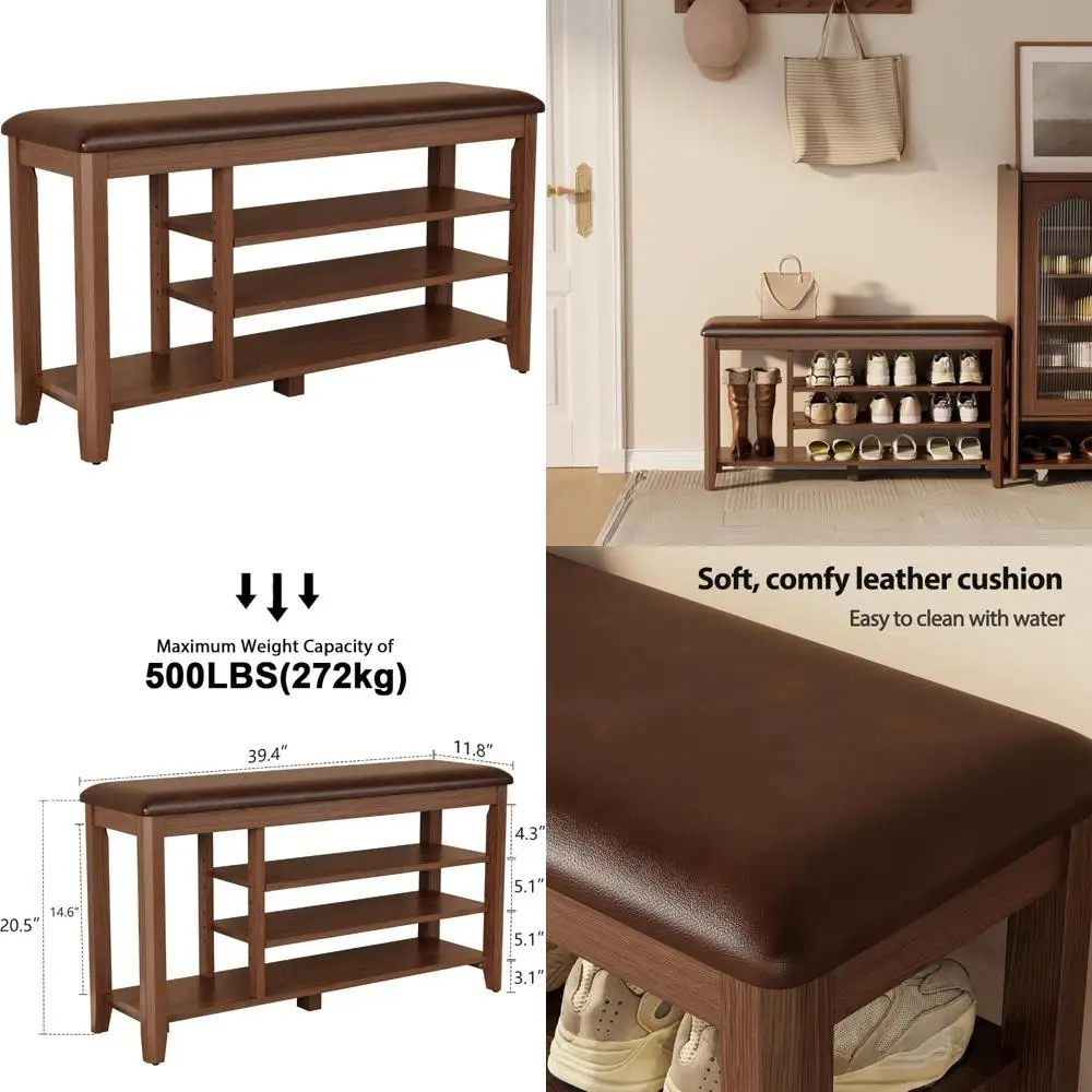 

Adjustable Height Solid Wood 3-Tier Shoe Storage Bench with Cushion for Entryway, Bedroom, and Hallway in Walnut Finish