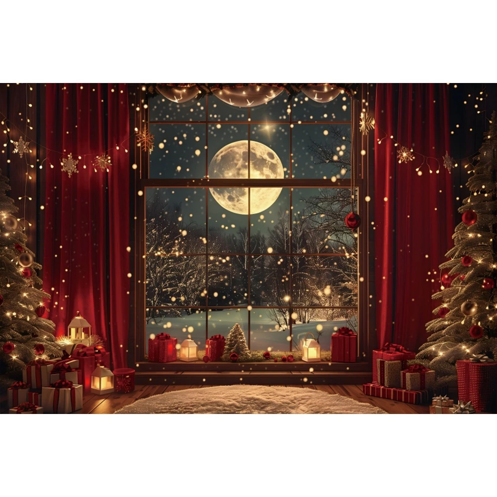 Christmas Photography Backdrops Winter Window Red Curtains Gift Baby Kids Family Portrait Decorative Background Photocall Props