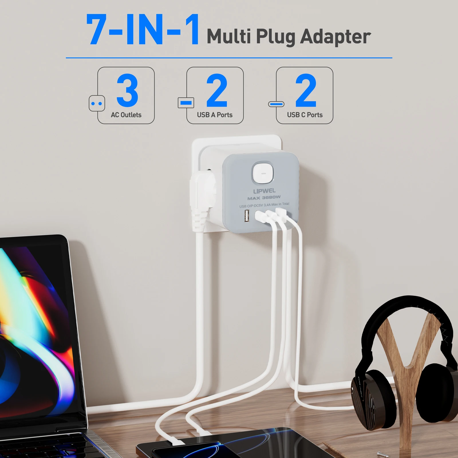 

Multiple Wall Socket Extender with Switch 3 Outlets 4 USB Ports Portable Cube Multi Socket Power Adapter Type C Charge On Travel