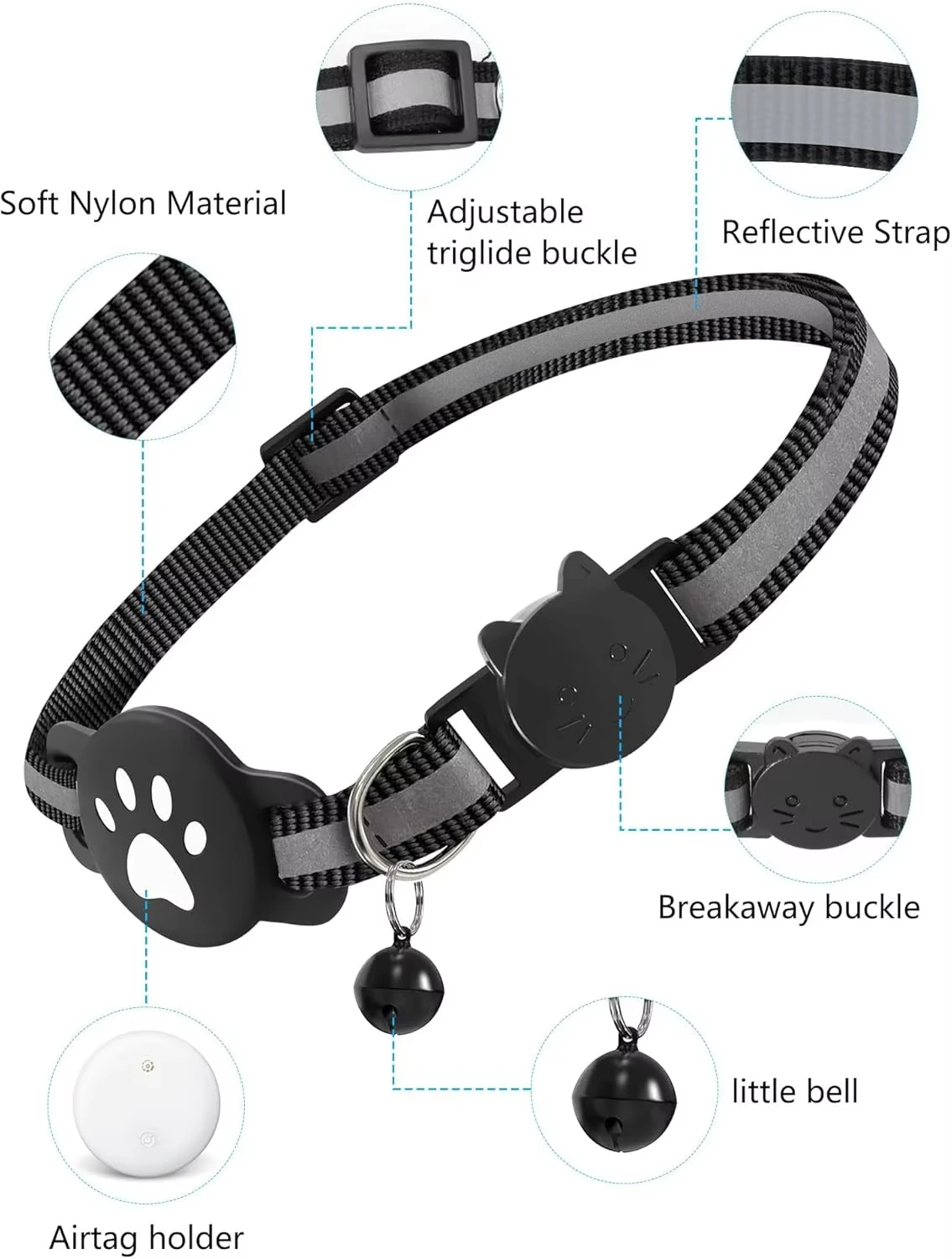 Anti-Lost Cat Collar for Smart Tag GPS Tracker Protective Case With Bell Cats Necklace, Bluetooth Tracker Tag for Android