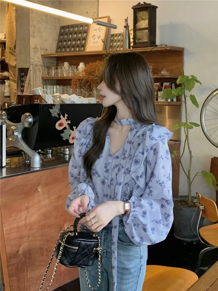 

Blue Long Sleeve Floral Print Neck Hanging Women's Spring Autumn V-Neck Chiffon Shirt Elegant Small Top Bubble Sleeve Style