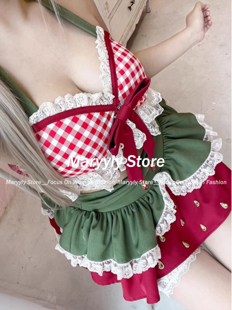 Summer Japanese Sweet Lolita 2 Piece Set Women Kawaii Bow Lace Halter Neck Crop Tops Mini Cake Skirts Female Beach Outfits New