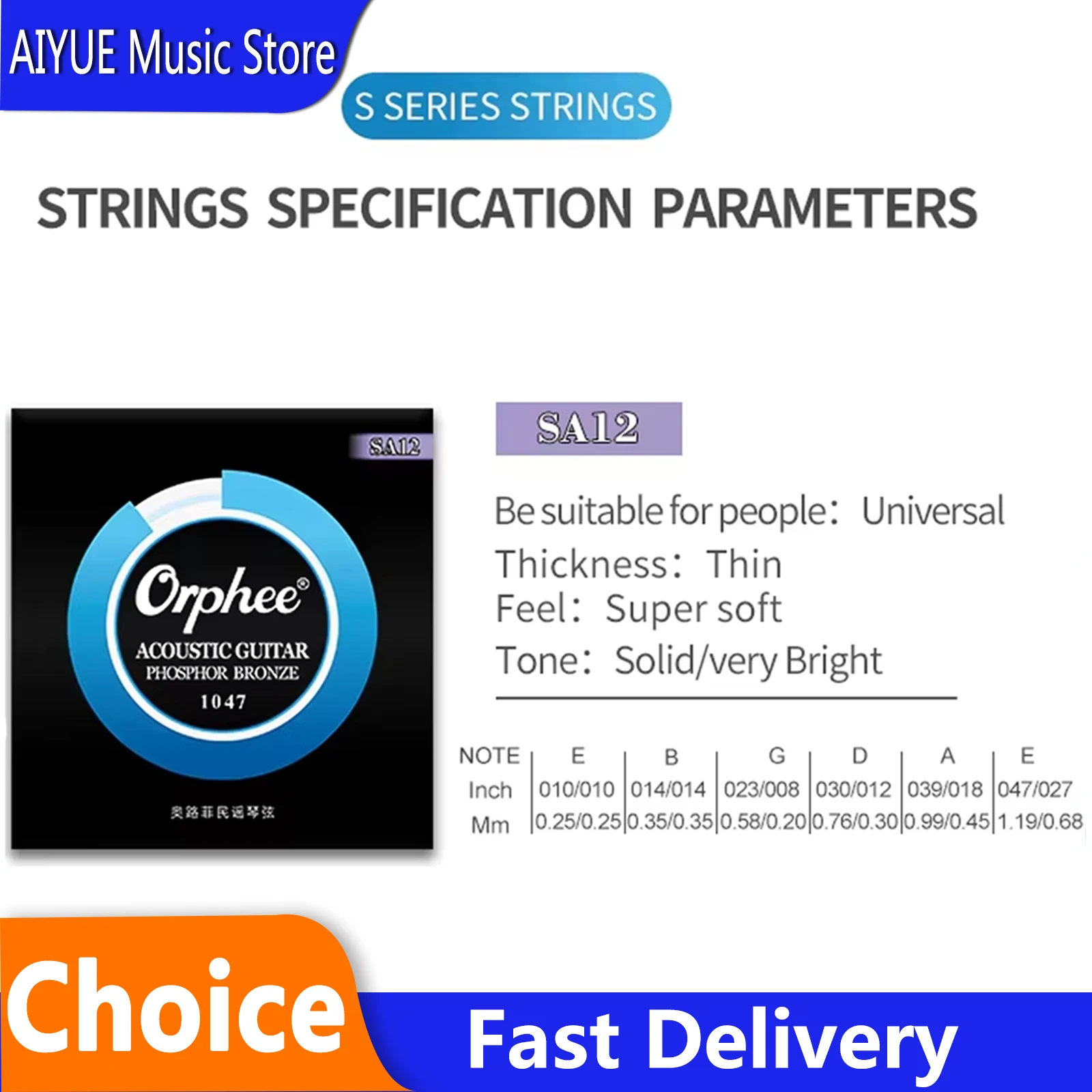 Orphee Folk Guitar Strings Phosphor Copper Wire Hexagonal Carbon Steel Guitar Strings Tone Bright Smooth Guitar Instrument Parts