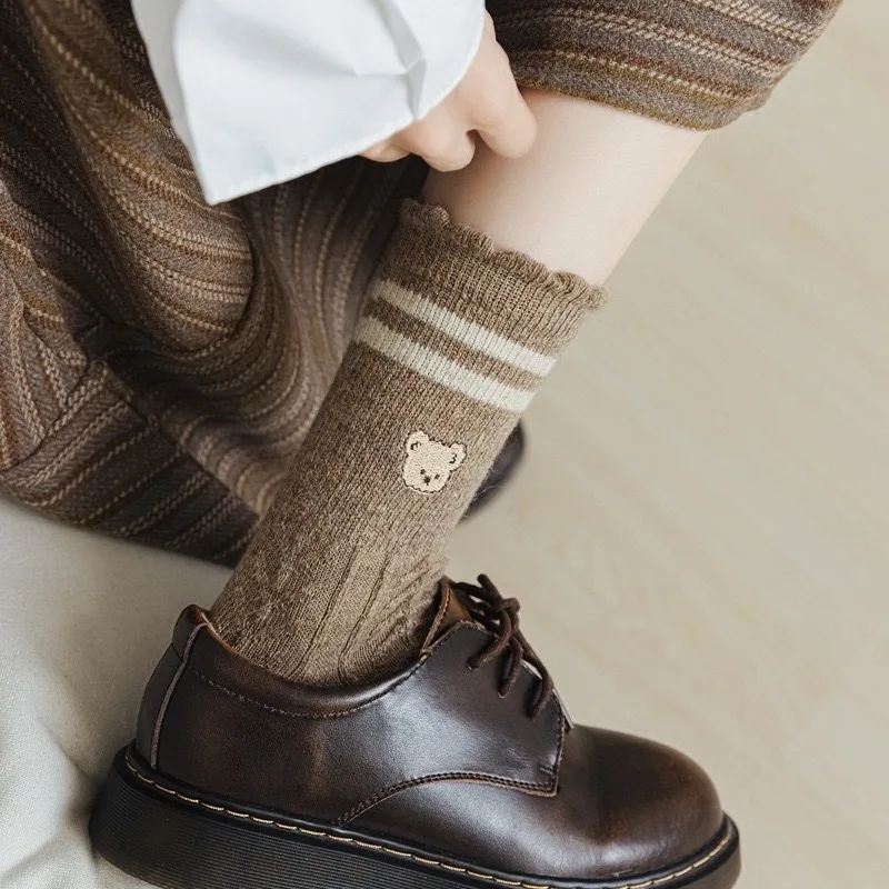 1/5 Paar Niedliche Kleine Bären-Spitzensocken mit Cartoon-Stickerei, Wollsocken für Kinder, Mittellange Socken für Herbst und Winter, Warme Mittellange Socken