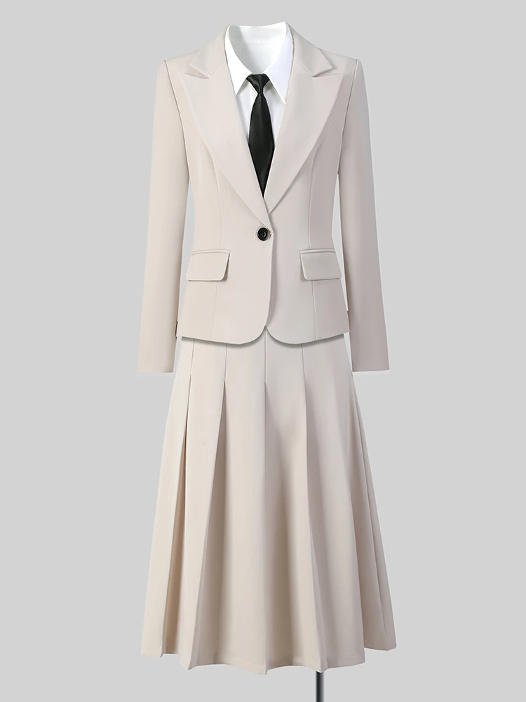 

Women Formal Skirt Suit Ladies Navy Beige Black Long Sleeve Female Two Piece Blazer Set