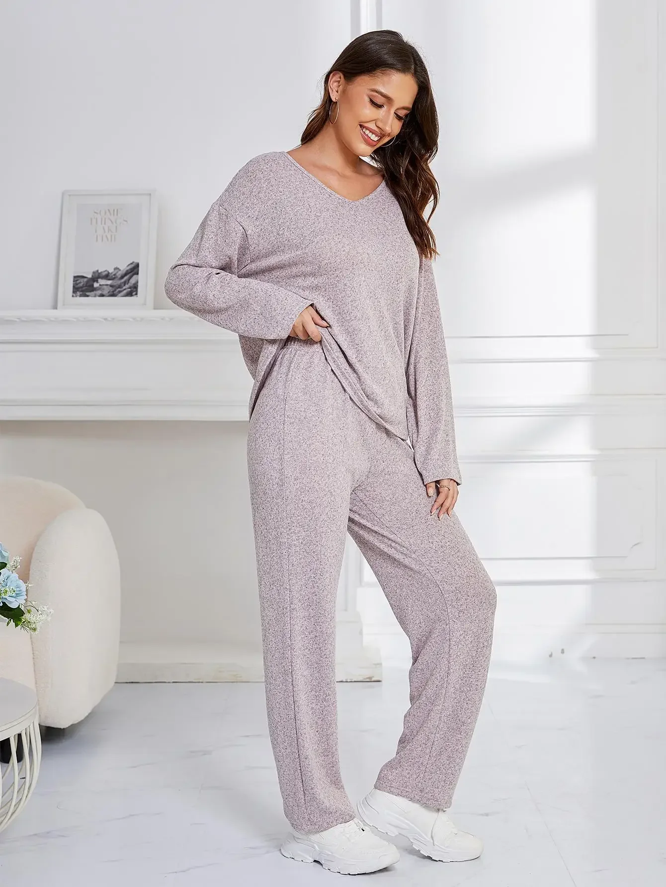 Solid Women Pajama Sets Long Sleeves V Neck Top & Full-Length Pants Female 2 Piece Sleepwear Nightwear Atumn Spring Fall Homwear