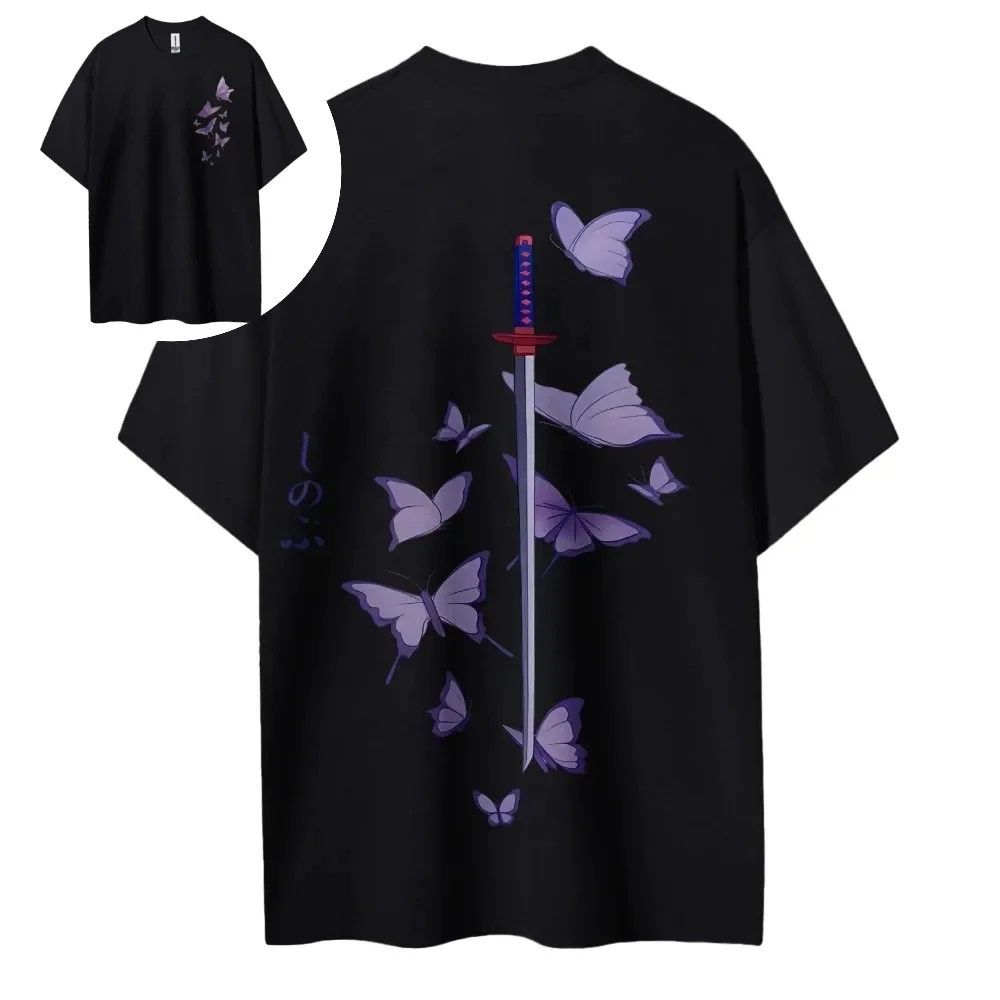 camiseta-masculina-kimetsu-no-yaiba-shinobu-kocho-vintage-de-algodao-lavado-manga-curta-2025-verao-estampa-anime-base-preta