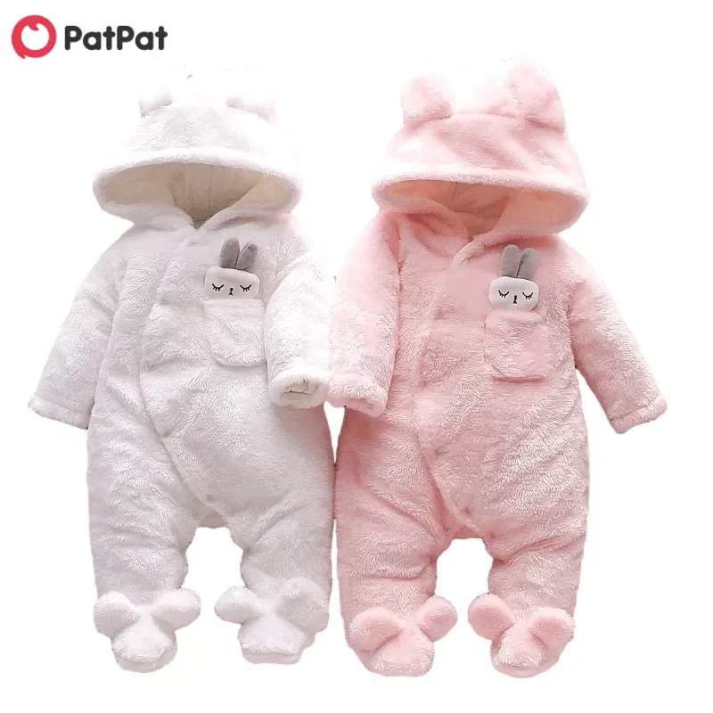 PatPat-Macacão monocromático de manga comprida para bebês meninos e meninas, roupas unissex com capuz, coelho, com pelos, inverno