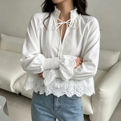 White New Long Sleeve Lace Embroidery Decorative Romantic Shirt Beach Vacation Unique