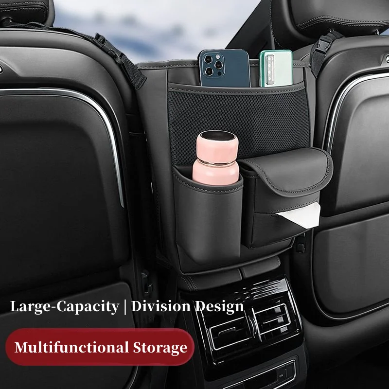 

Large-Capacity Car Seat Storage Hanger - Leather Material, Medium Back Organizer, Bag Holder & Mesh Water Cup Pocket