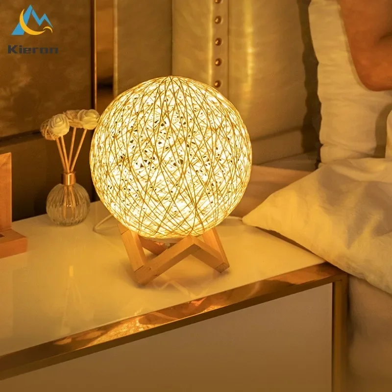 Modern Minimalism Rattan Ball LED Table Lamps Bedroom Study Bedside Solid Wood Desk Lamp Living Room Decoration Ball Floor Lamps