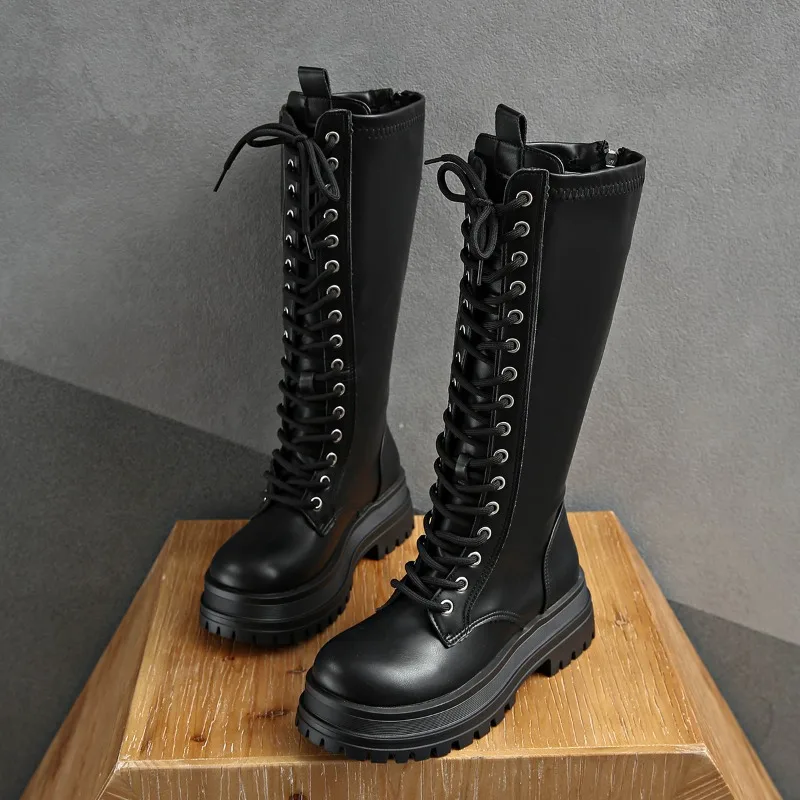 

Women's Knee High Boots 6cm Height Increasing Platform Boots Classic Black Knee-high Leather Boots for Women Lace-up Knight Boot