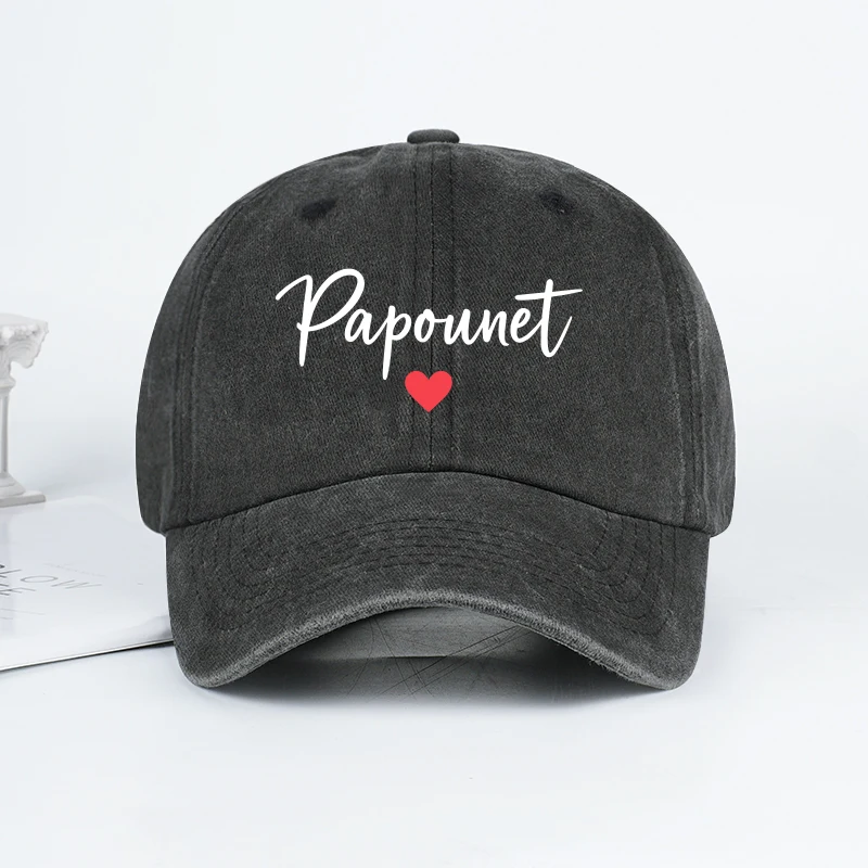 Papounet Handwritten Heart Print Vintage Washed Baseball Cap with Adjustable Strap – Casual Everyday Men's Father's Day Gift