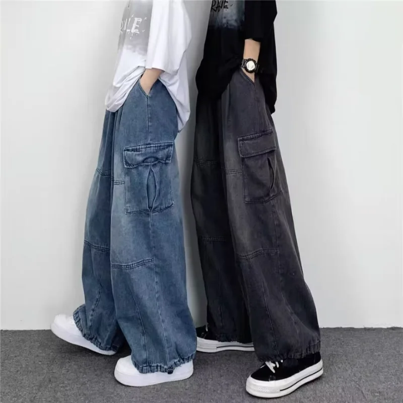 Japanese Retro Wide-leg Big Pocket Overalls Summer Men's Jeans New Fashion Brand Ins Loose Casual Straight Y2k Jeans Large Size