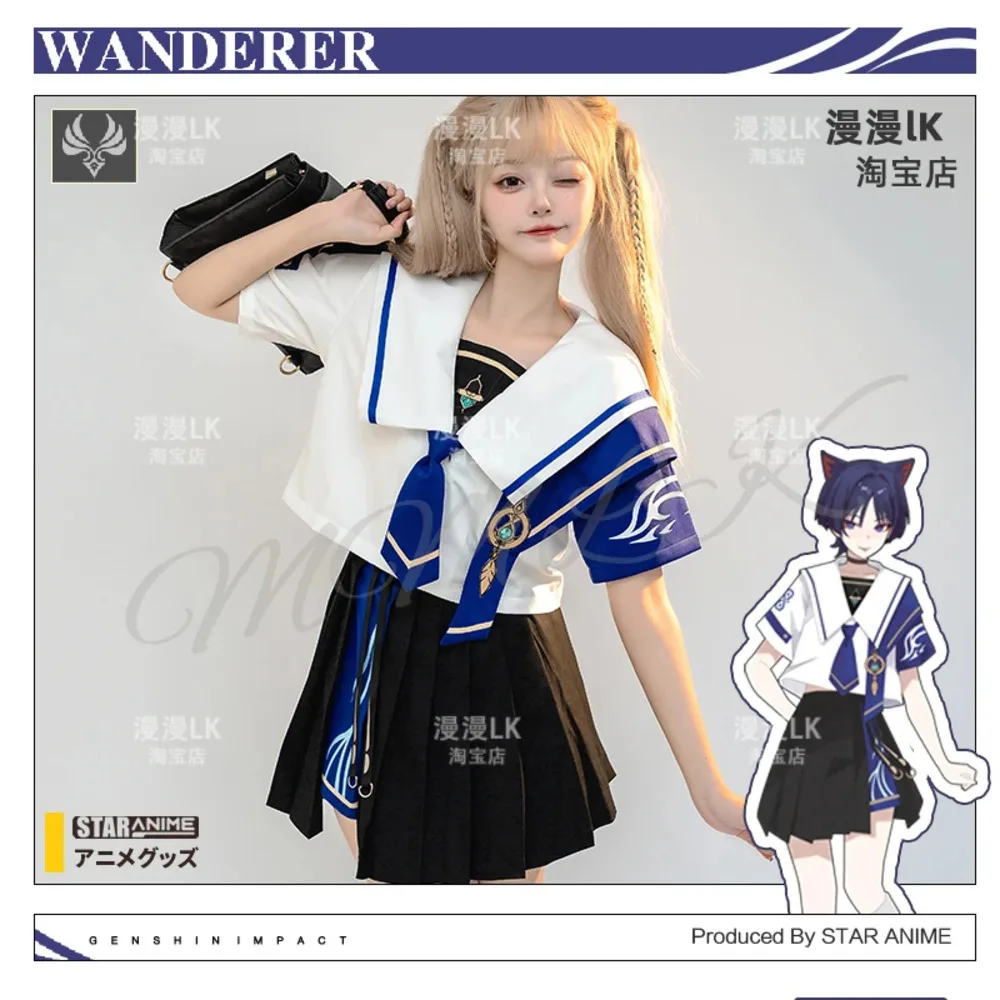 

Game Genshin Impact Cosplay Wanderer Women Girl JK Sailor Summer Uniform Short Sleeved Top Skirt Tie T-Shirt Suit Anime Costume