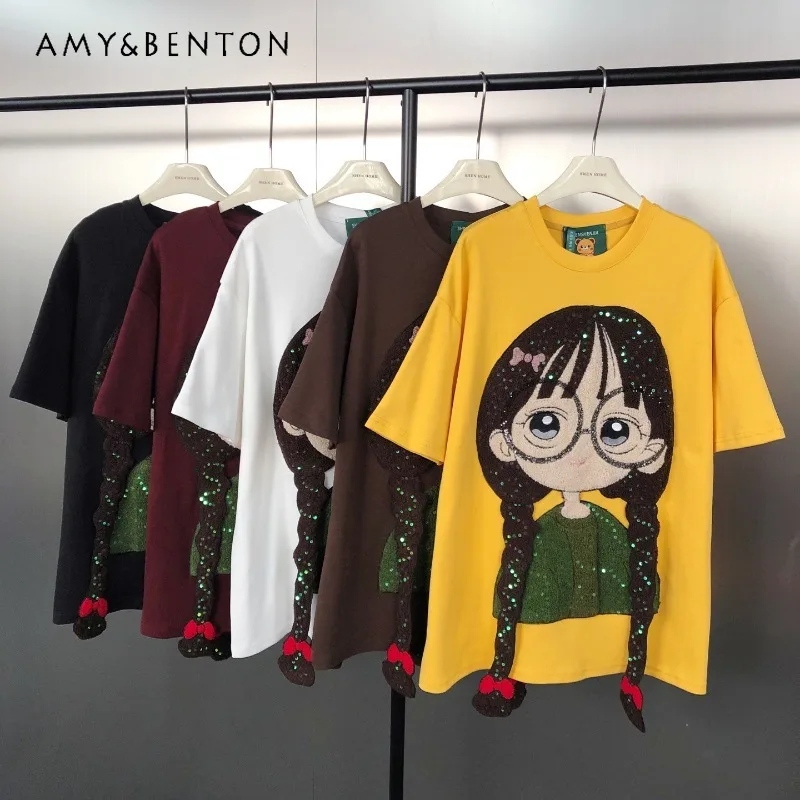 

Korean Style Loose Y2k Tees Fashion Versatile Design Cartoon Girl Sequin Patchwork Pure Cotton Short Sleeved T-shirt Pullovers