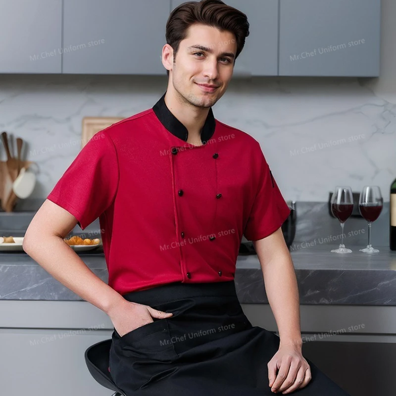

men short sleeve Chef Jacket Kitchen work uniform Breathable Restaurant Chef coat white apron work clothes Chef shorts Summer