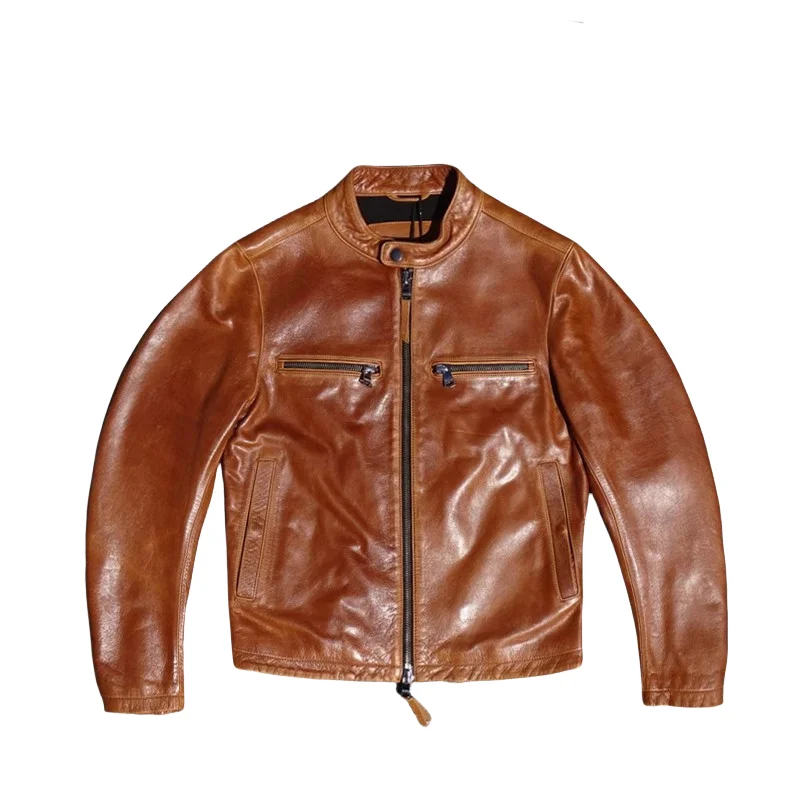 Vintage Brown Autumn Leather Jacket Men American Retro Style Genuine Natural Cowhide Stand Collar Leather Coat