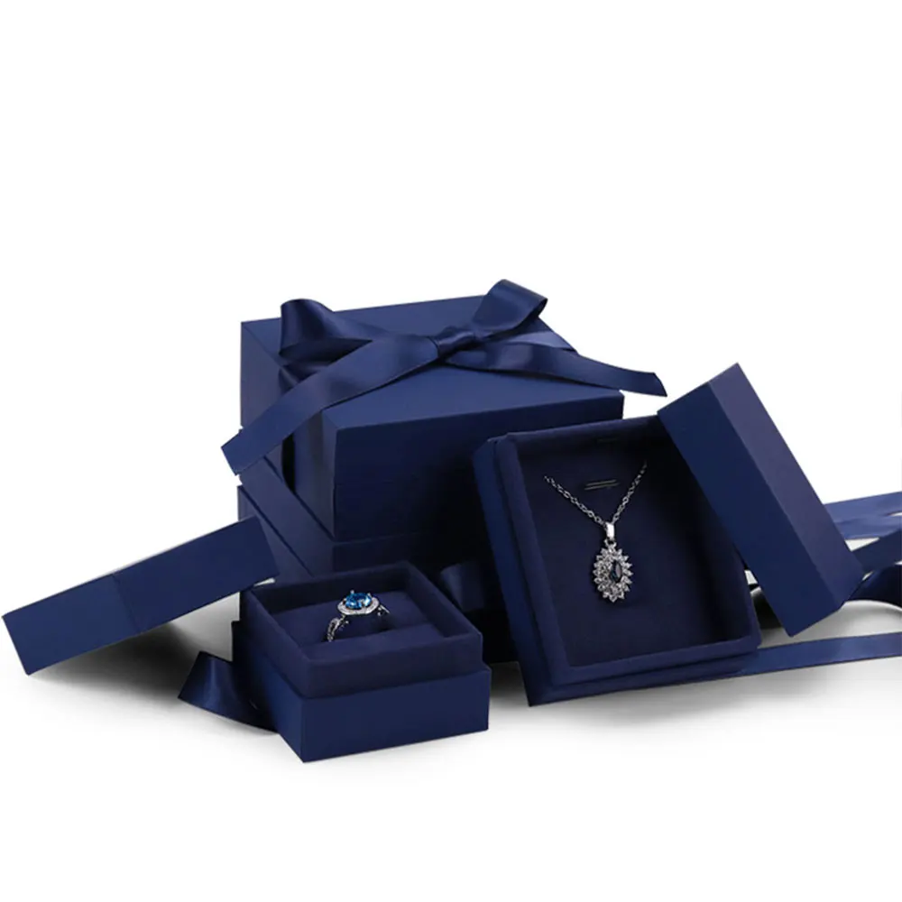12pcs/Lot Dark Blue Paper Jewelry Box With Silk Ribbon For The Necklace Pendant Wedding Birthday Party Gift Luxury Packing Cases