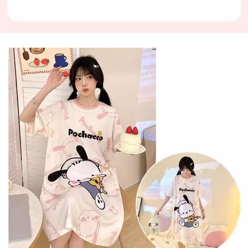 

Ночная рубашка Sanrio, летняя пижама Kuromi, милая кавайная свободная удобная повседневная дышащая рубашка с круглым вырезом для девочек, домашние высокие подарки с героями мультфильмов