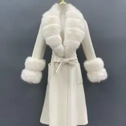 Janefur Winter Coat Women Wool Jackets with Faux Fur Collar Warm Long over the Knee Elegant Double Side Cashmere Overcoat