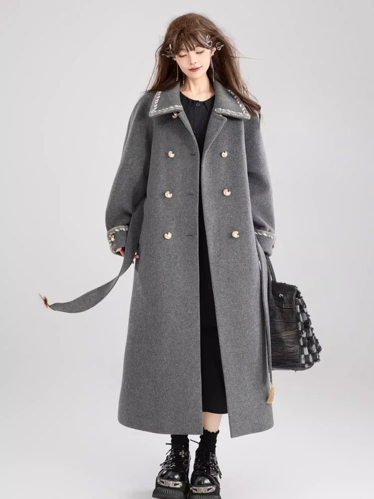 Lazy Casual Sweet Cool Lace-up Gray Woolen Coat Lapel Bow Double Breasted Loose Versatile A-line Long Wool Jackets Women Winter