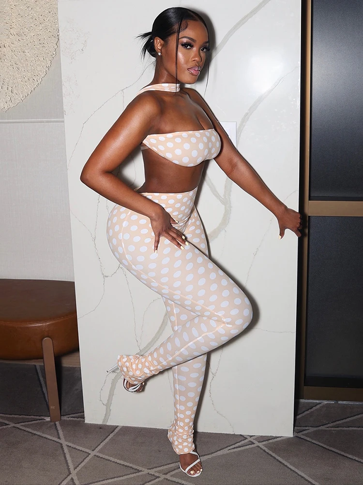 Conjunto de 2 piezas con estampado de puntos de gato extraño para mujer, chándal Sexy con espalda descubierta, camisetas sin mangas con cuello Halter y mallas, ropa de calle a juego, trajes elásticos