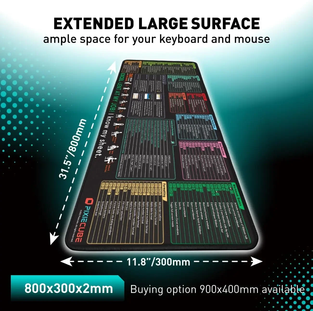 Office Excel Shortcut Large Mouse Pad, Stitched Anti Slip Rubber Base Mat for Gaming Desk Office PC Keyboard Desktop Accessories