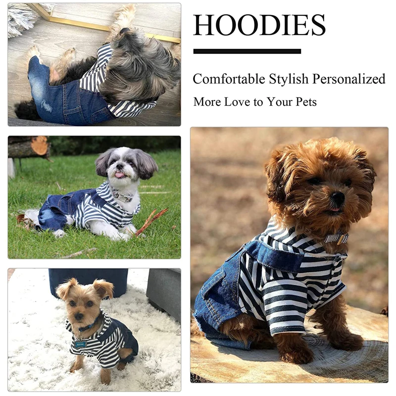 Four Legs Jeans Dog Jumpsuit Denim Clothes for Poodle Shih Tzu Cool Spring Dog Onesie Stripe Overalls Leisure Clothing for Dogs