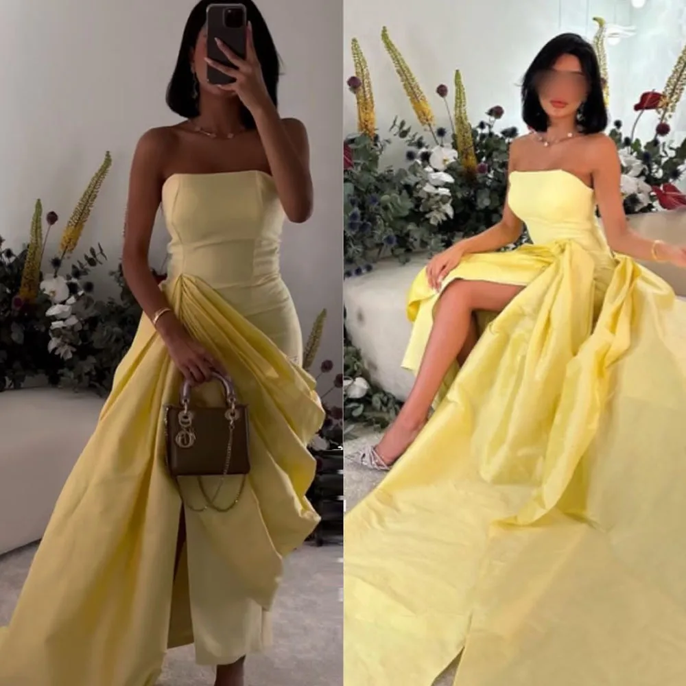 Hot Sale Mermaid Evening Dresses With Ruffles Strapless Ankel Length Split Formal Party Prom Gowns