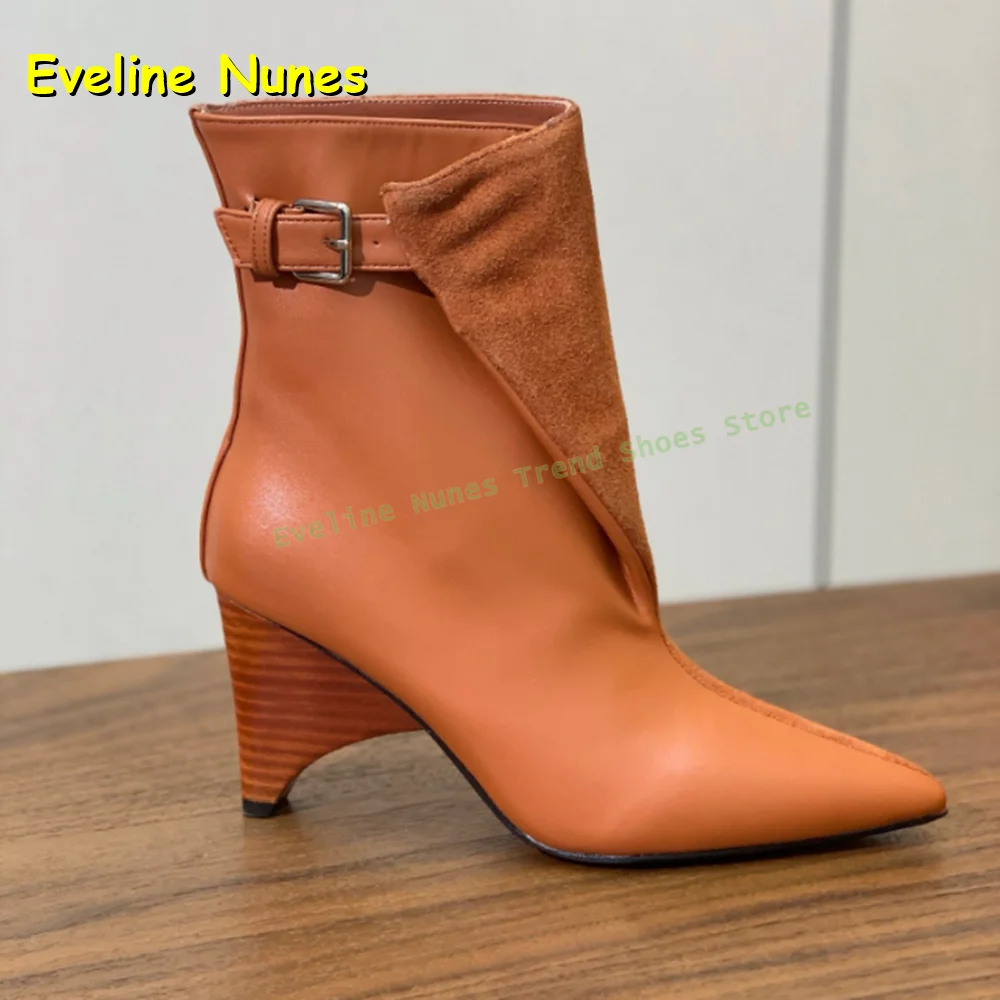 

Ботильоны оранжевой формы с пряжкой на каблуке, острый носок, странный стиль, лоскутные женские модные ботинки из искусственной замши, обувь в уличном стиле 2025