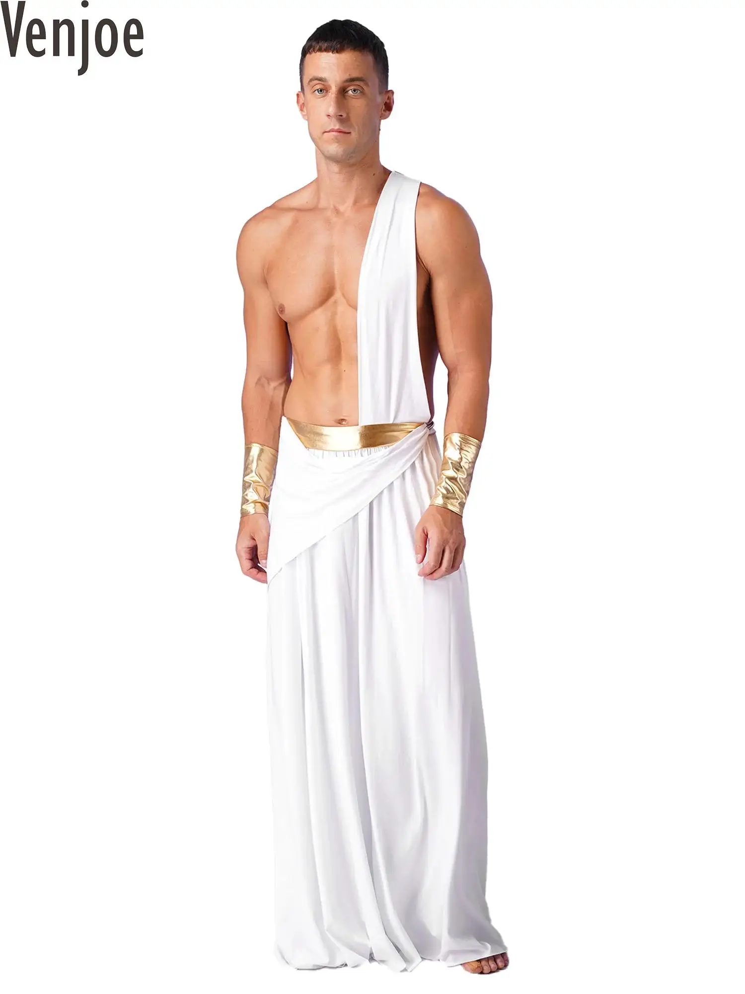 Mens Ancient Greek Roman Toga Long Skirt with Wristbands One Shoulder Strap Halloween Warrior Cosplay Costume Carnival Dress Up