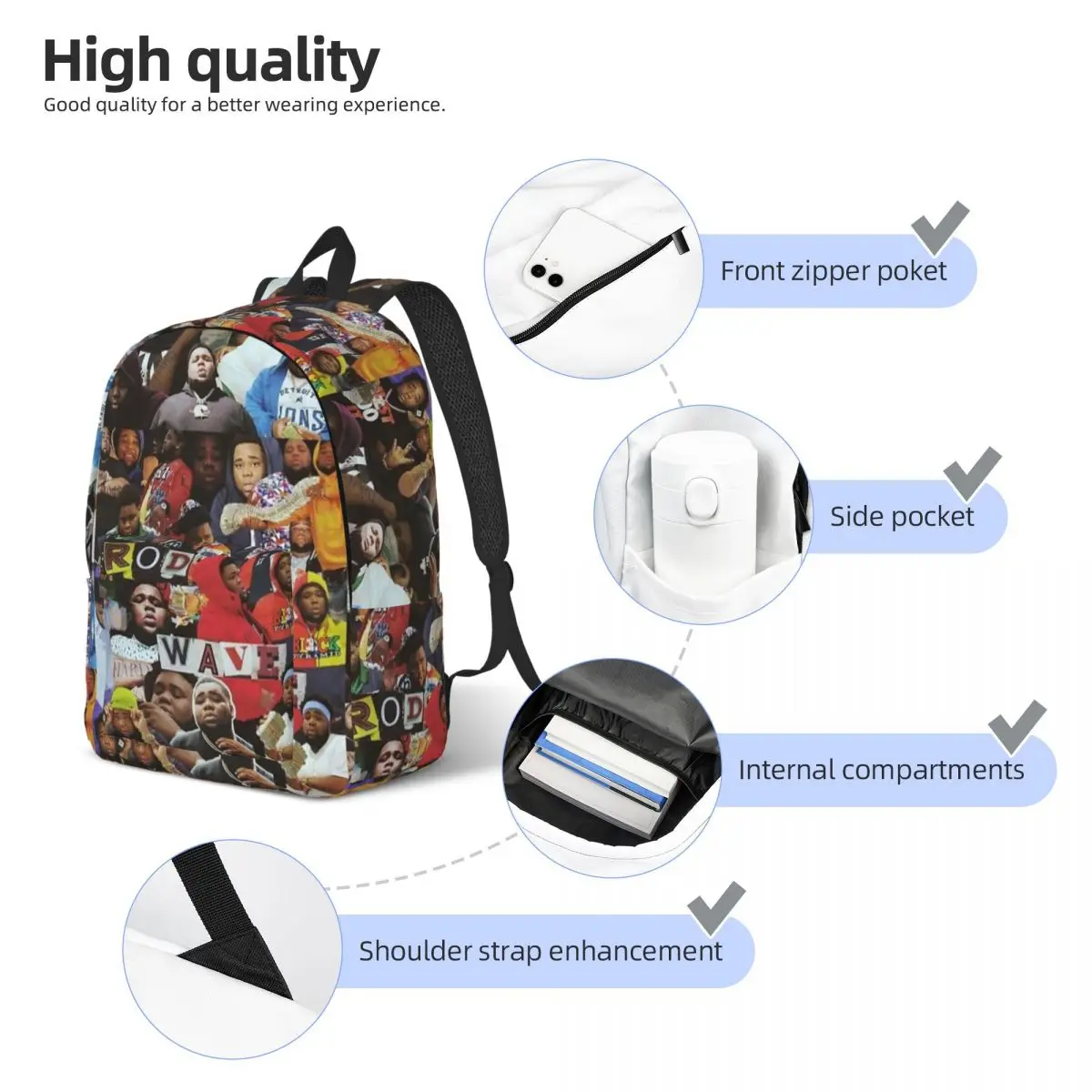 Mochila Rod Wave Collage para Homens e Mulheres, Mochila Casual Estudante de Negócios, Sacos de Lona Universitária, Presente