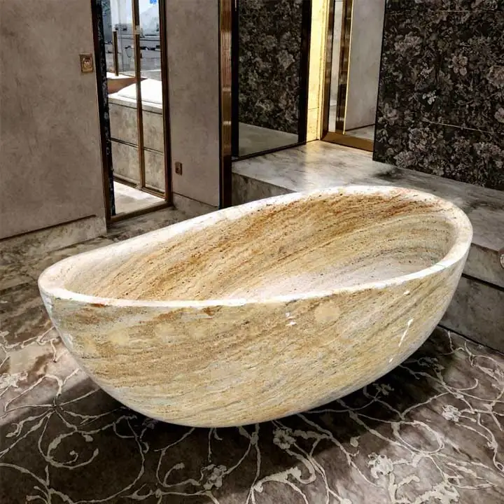 Luxury Stone Baths,New Design Factory Custom Adult  standing Beige Travertine Limestone Bath Tub Hand Carved Marble Natural