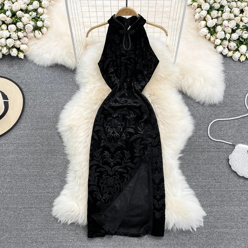 

Летнее элитное ретро-стиль богини с висячим вырезом и открытыми плечами, бархатное улучшенное длинное платье Cheongsam в китайском стиле