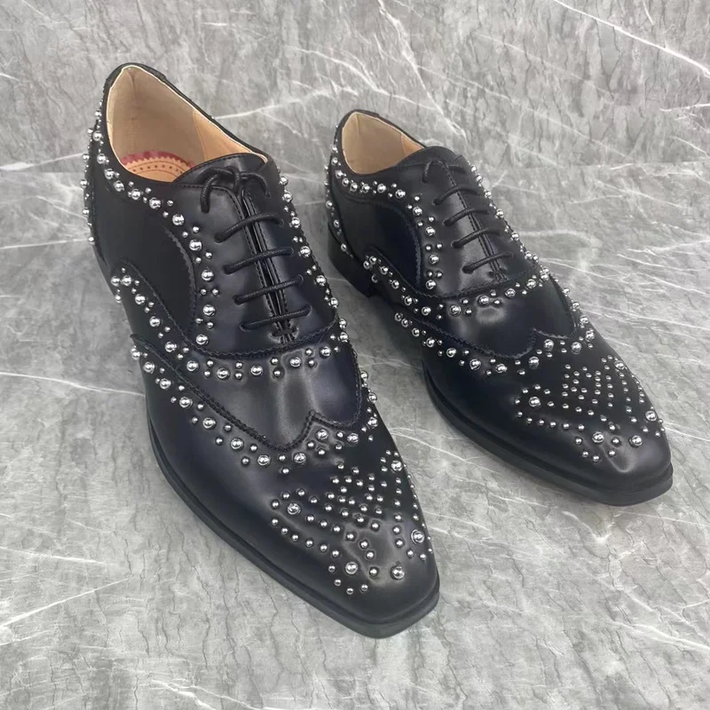 Black Genuine Leather Shoes For Men Rivet Shoes Fashion Lace-up Mens Dress Shoes Oxfords Formal Party And Wedding Shoes