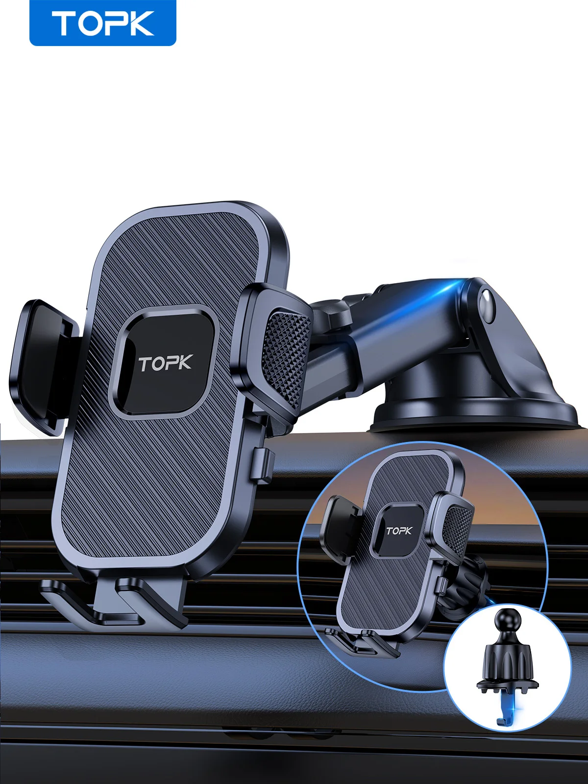 TOPK Car Phone Holder Strong Sticky Adjustable 360° Rotation for Cars Dashboard/Windscreen/Air Vent for 4.0 to 6.7 inch Phones