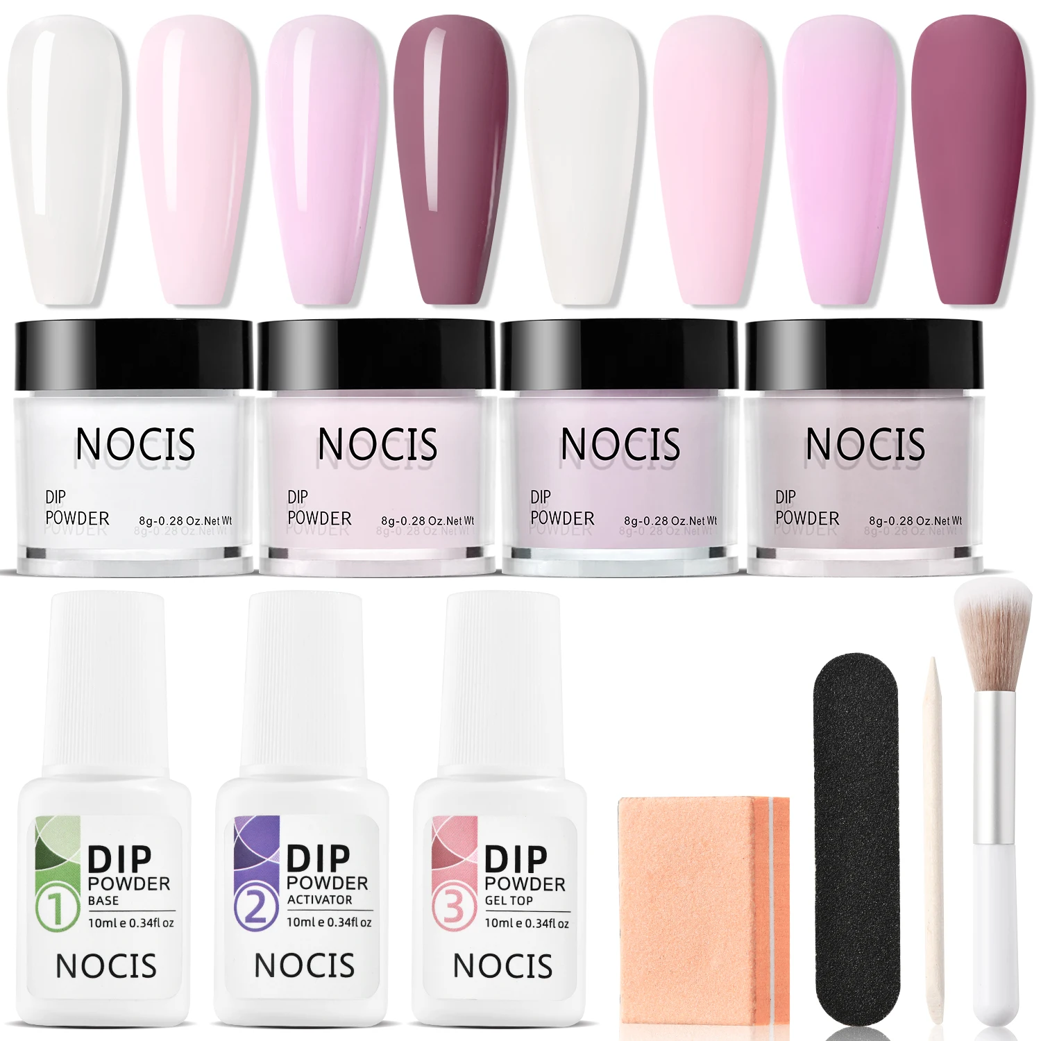 11pcs Dip Powder Nail Kit, 4 Colors Red Pink Dipping Powder Set and Base Top Coat Activator for Nail Home Salon Manicure