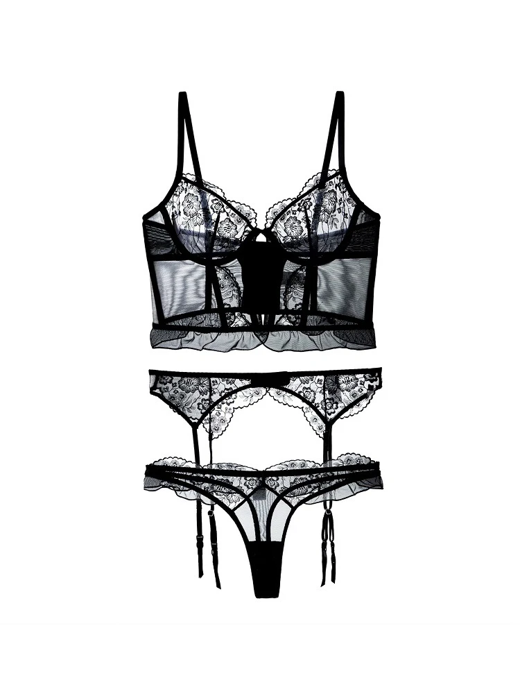 

New 3-Piece French Lace Sexy Lingerie Ladies Breathable Cutout Fishbone Corset Ultra-Thin Bra Set