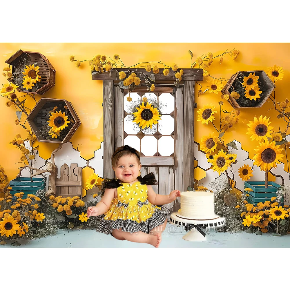 Summer Sunflower Girl 1st Birthday Background Photography Studio Sweet Bee Baby Show Cake Smash Backdrop Wooden Door Decor Booth