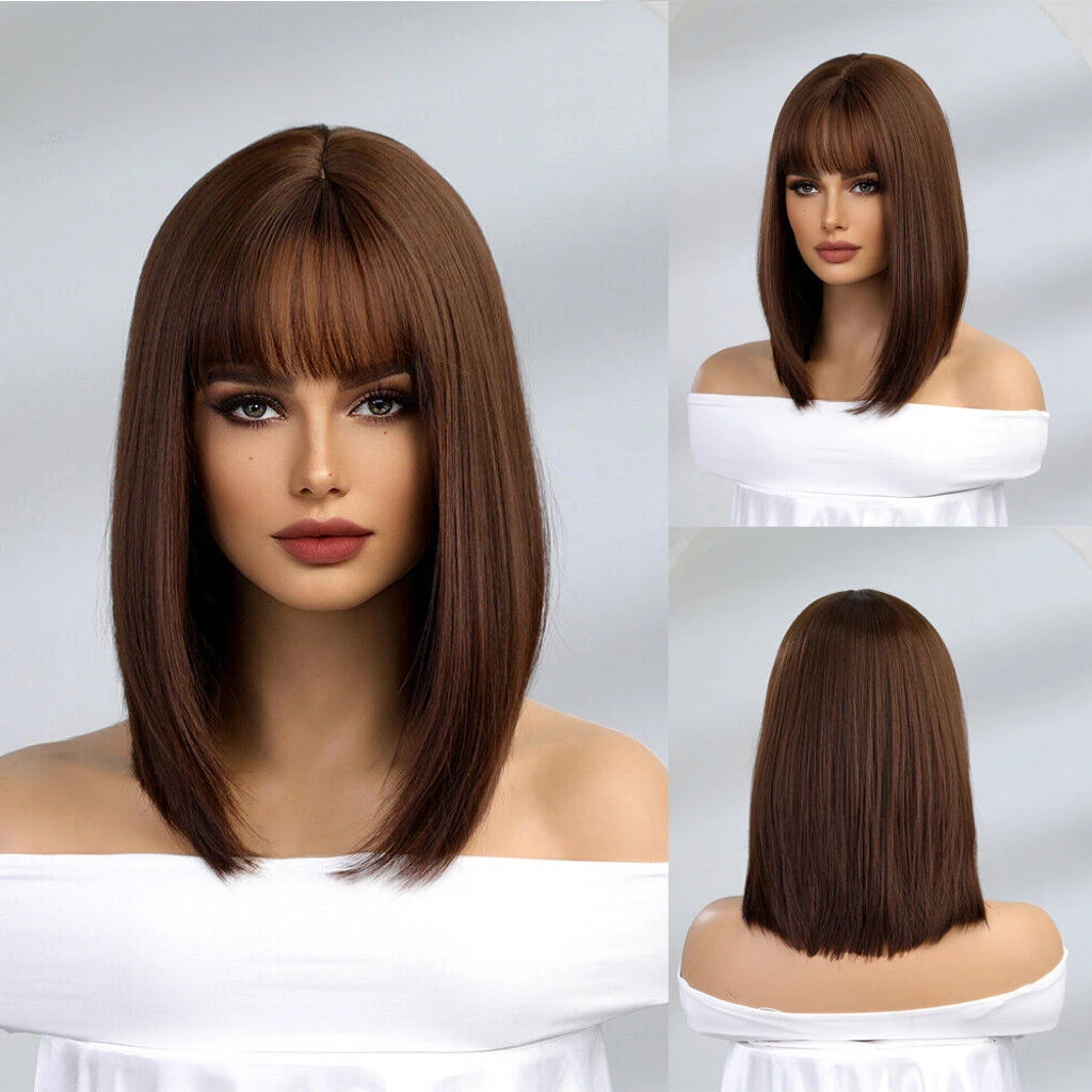 Bob sintético marrom escuro natural do cabelo com Bangs para mulheres, perucas diárias