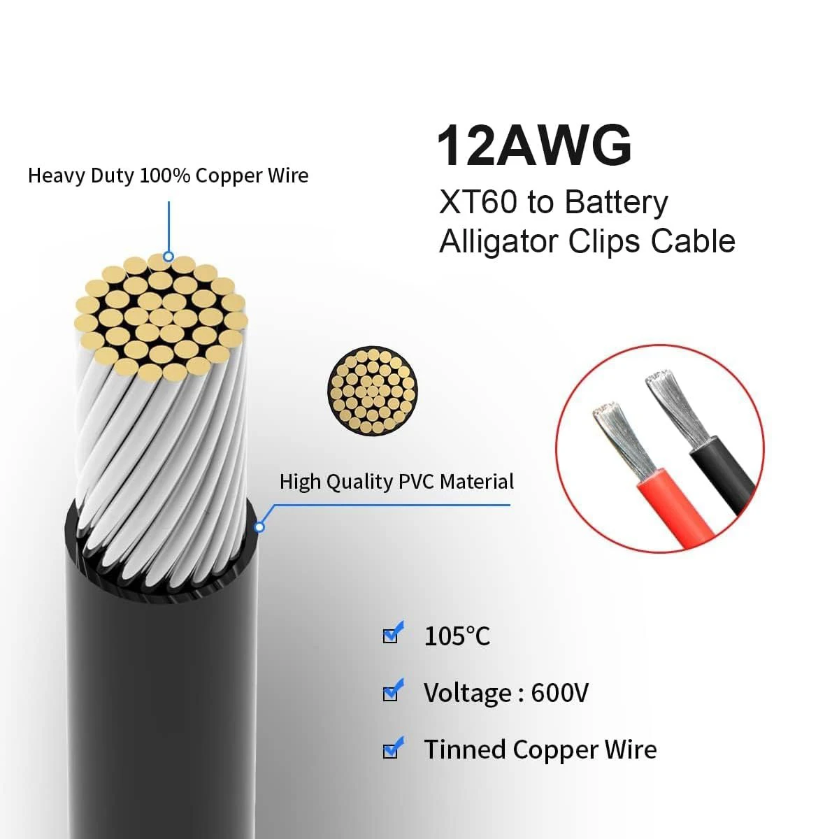 Universal 12V Alligator Clip to T Plug/XT60H Female Plug Connector 12AWG Cable for Car Battery Charger Spare Part DIY Accessory