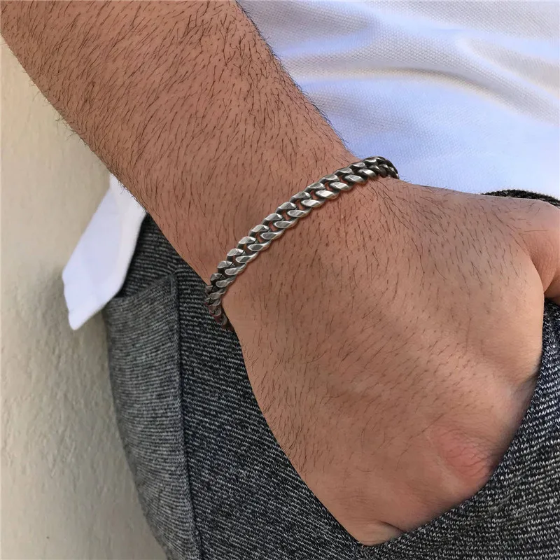 Retro Grey Cuban Chain Bracelets for Men Boys,Vintage Stainless Steel Miami Curb Chain Link Wristband,Stylish Punk Male Jewelry