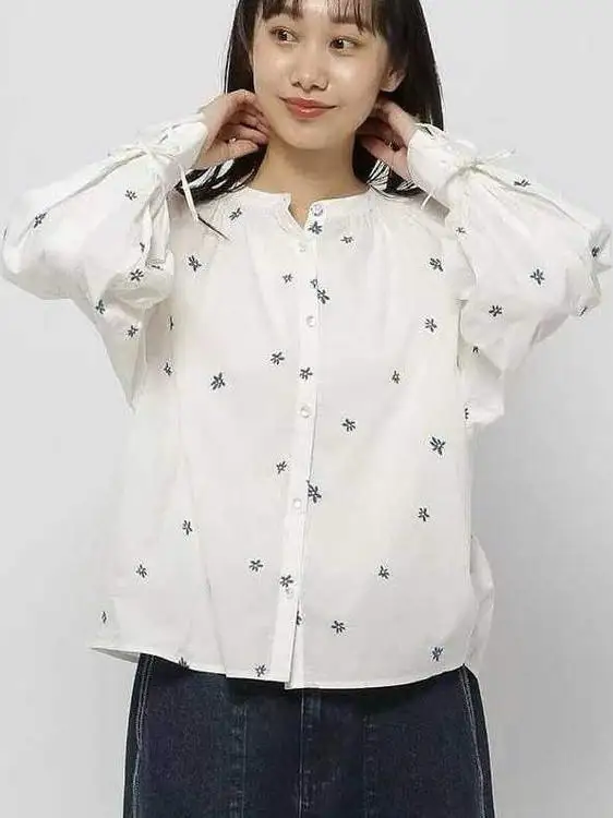 بلوزة Niko and Sweet Sle Faionable مطرزة بالزهور طويلة Sve irt من القطن الخالص المستقيم للنساء