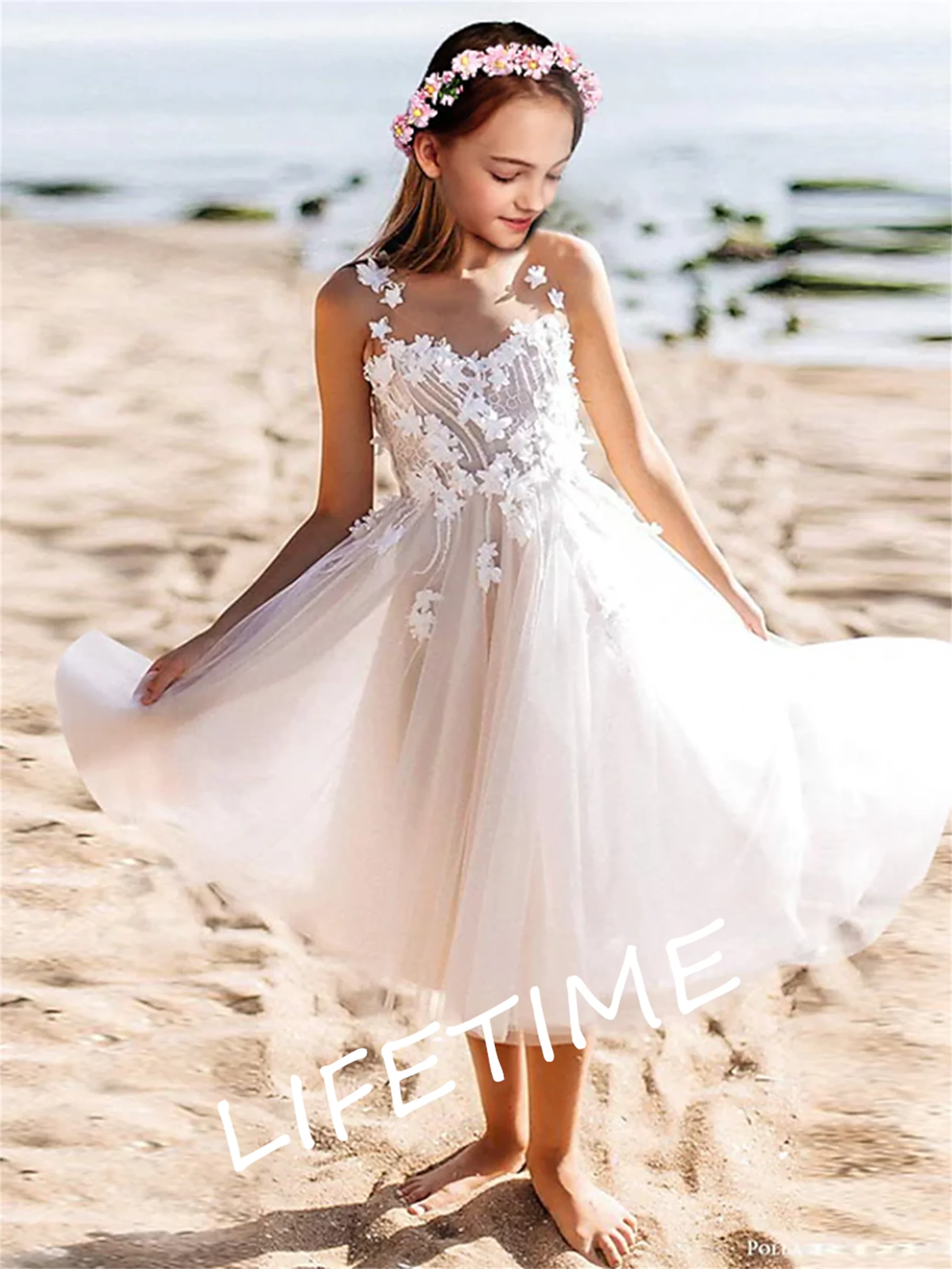 Off Shoulder Scoop White Ivory Flower Girl Vestidos para casamento, elegantes apliques de renda, vestido de festa na praia com crianças, 2022