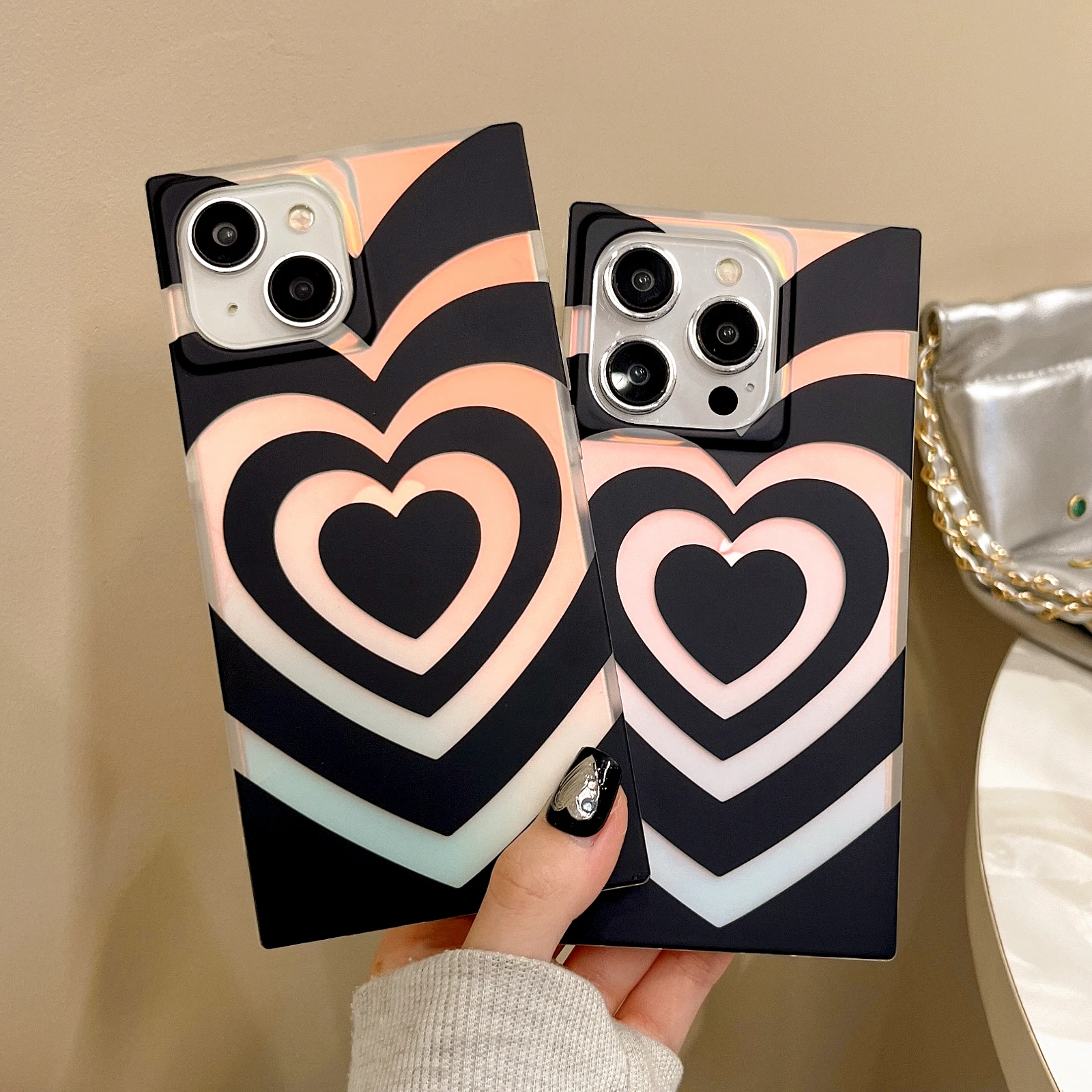 Translucent Phone Case for iPhone 15 13 14 Pro Max Protective Matte Soft Silicone Iridescent Laser Black Love Heart Cover