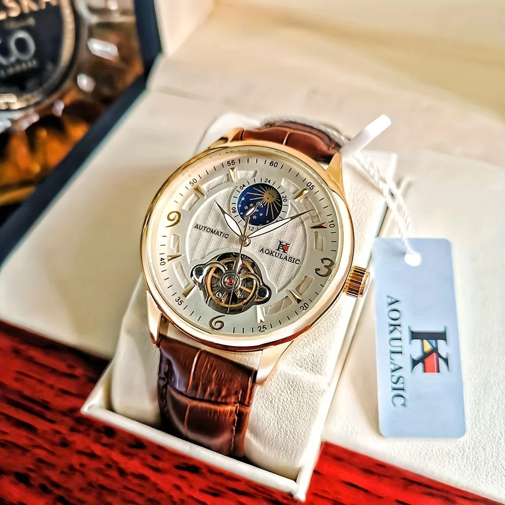 New Model Pure Mechanical Watch Without Battery, Genuine High-End Mechanical Men's Watch, Skeleton Design, Fashionable Business Casual Versatile Brand-Name Watch, Cool and Stylish Trendy Men's Wristwatch, the Best Gift for Him, No Battery Needed