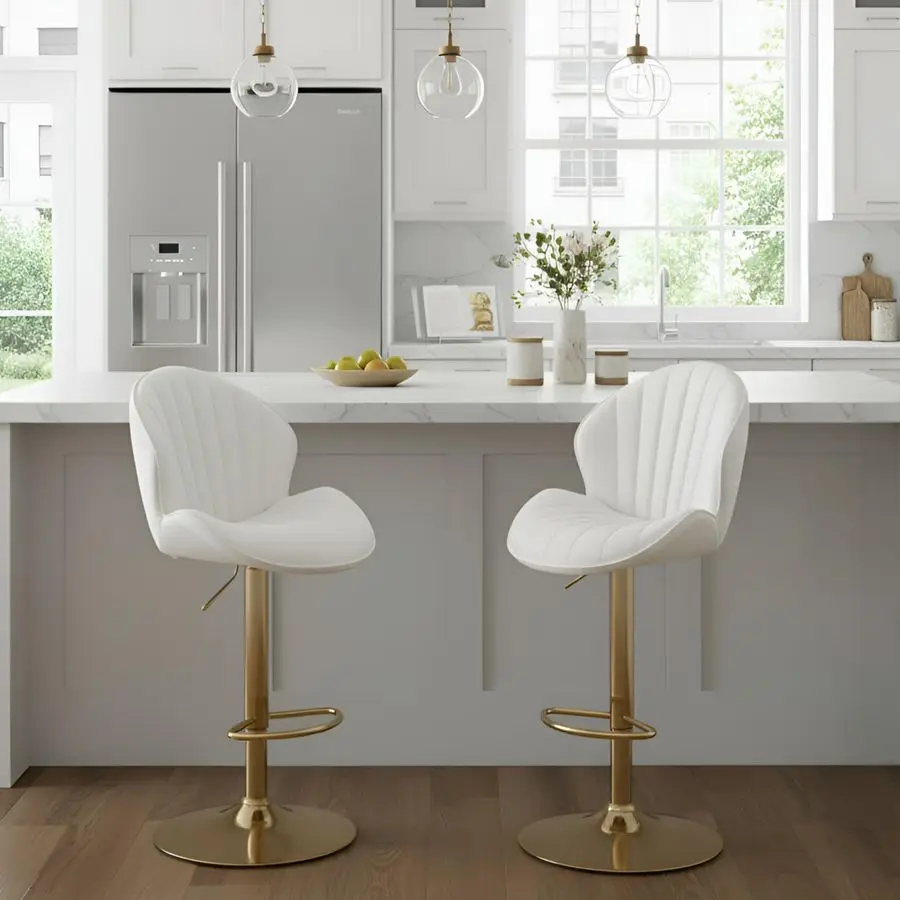 

Комплект из 2 белых барных стульев из искусственной кожи, регулируемые по высоте, современные вращающиеся барные стулья с спинкой в форме ракушки, кухонные стулья